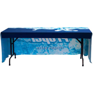 A blue and white 3-side fitted table cloth for an 8ft table, featuring a logo and water-themed design.