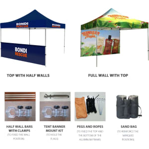 A 3x3m marquee is depicted, with one design featuring half walls in blue and another with a full wall in green.