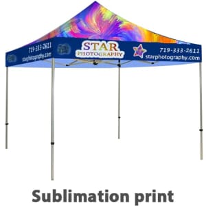 A 3x3m promotional marquee featuring a vibrant blue and multicolour design, with a logo and contact information.