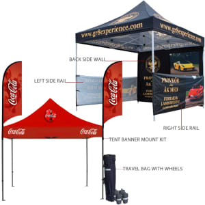 A 3x3m regular marquee in blue with branding, red side rails, and a travel bag with wheels.