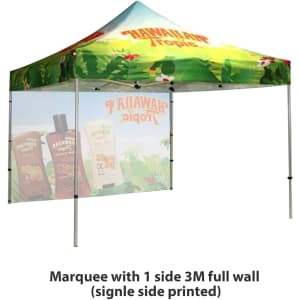 A 3x3m regular marquee with a colourful roof and one side full wall, featuring a logo.