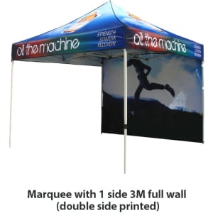 A 3x3m marquee with a blue and white design featuring a full wall and a silhouetted runner.