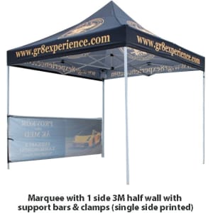 A blue 3x3m regular marquee with a printed side wall, support bars, and clamps.