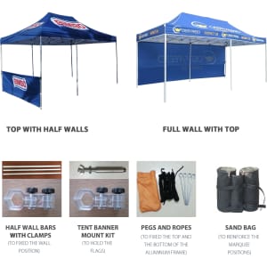 A large blue marquee with half walls and a full wall. Includes accessories like pegs, ropes, and a sandbag.