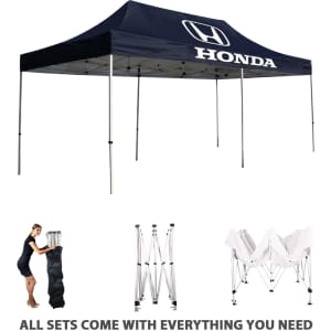 A navy blue marquee with a logo on top, featuring a sturdy frame and collapsible structure.