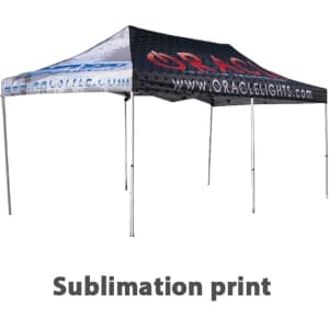 A large black and blue marquee tent featuring sublimation print and a logo. It has a sturdy frame and multiple sides.