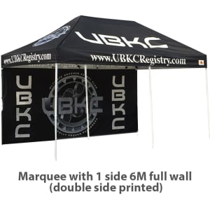 A large black marquee featuring one printed side wall and a logo. Sized at 3x6M (10x20ft).