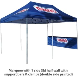 A large blue marquee tent with one side wall, featuring support bars and clamps, and a logo on the front.