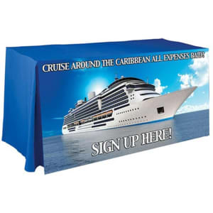 A blue four-sided pleated tablecloth featuring a graphic of a cruise ship and promotional text.