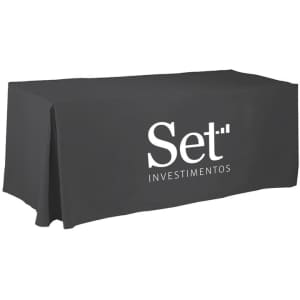 A four-sided pleated tablecloth in black featuring a logo. Suitable for a 4ft table.