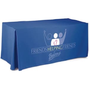 A blue, four-sided pleated tablecloth with a logo on the front.