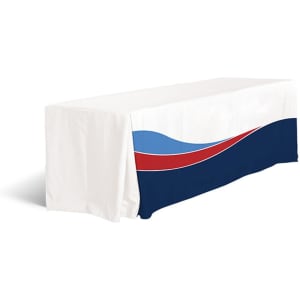 A 4ft table cloth featuring pleated sides in white, navy blue, and red wave design, with a logo on one side.