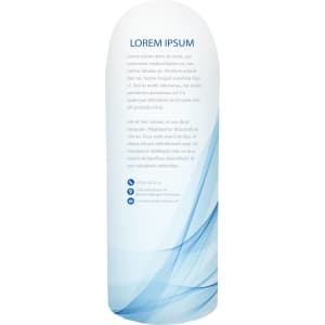 A cylindrical promotional display in white and light blue with a logo, featuring abstract wave designs and placeholder text.