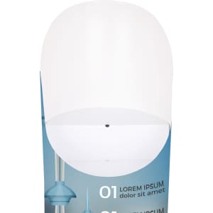 A white cardboard display with a rounded top, designed for product presentation, featuring blue graphic elements.