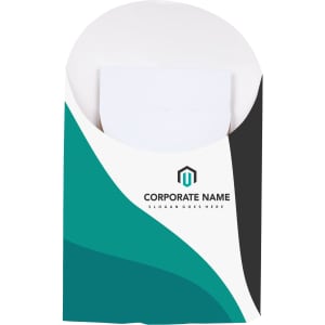 A cardboard display unit featuring a green, black, and white design with a logo, holding several promotional items.