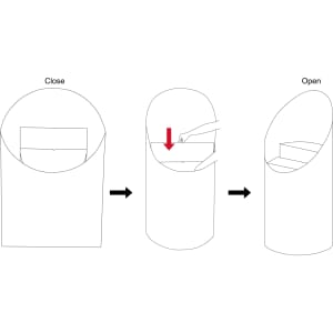 A diagram illustrating the assembly process of a cardboard dump bin, showing closed and open states.