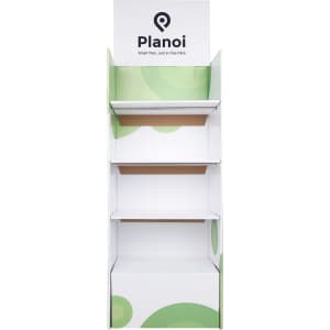 A self-assembly cardboard floor display with green accents and a logo at the top, featuring three shelves.