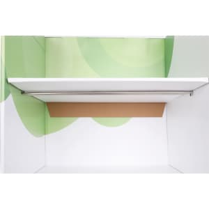 A cardboard floor display with a white and green design featuring a shelf and smooth interior surfaces.