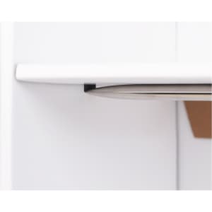 A close-up of a silver shelf bracket attached to a white cardboard display, showcasing minimalistic design.