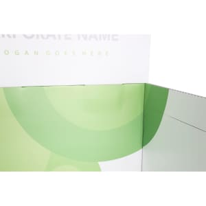 A self-assembly standard cardboard floor display featuring a primarily white design with green graphic elements.