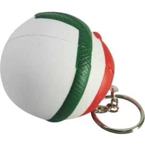 A keyring featuring a red, white, and green volleyball-shaped stress item with a metal keychain.