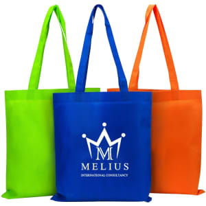 Three non-woven long handle bags in green, blue, orange, featuring a logo on the blue bag.