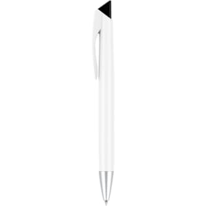 A white pen with a black top and silver tip, featuring a logo on its side.