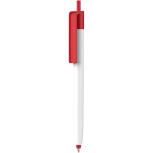 A creamy white barrel pen with a red clip and tip, featuring a logo on the barrel.