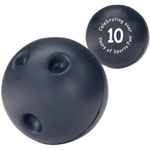 A bowling ball shape stress reliever in black, accompanied by a smaller ball, featuring a logo.