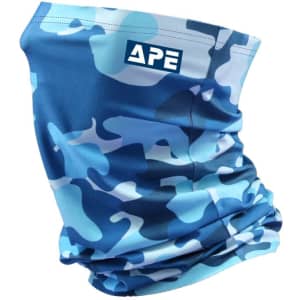 A blue camouflage Ice Silk Neck Gaiter with a branding logo. Suitable as a clothing accessory.