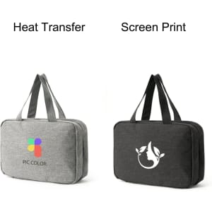 A grey and black large capacity hanging toiletry bag with two different designs and a logo on the front.