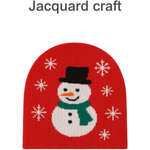 A red Jacquard beanie featuring a snowman design and snowflakes, with a prominent logo.