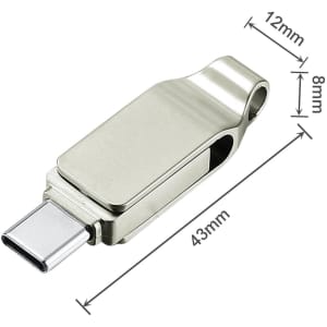 A silver Pivot Duo Type-C flash drive with a sleek design, showcasing its dimensions and a logo.