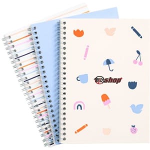 A B5 full colour wiro binding notebook featuring various colourful illustrations on a cream cover and blue pages.