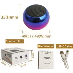 A round, mini Bluetooth speaker in a shiny blue finish, accompanied by a USB-C cable and user manual in a standard box.