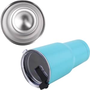 A drink bottle in teal colour with a clear lid, featuring a stainless steel interior and a logo.