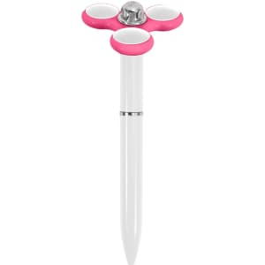 A fidget pen in white with pink accents, featuring a spinning top design and a silver accent. It has a logo.