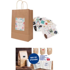 A kraft paper bag with twisted handles, featuring a decorative label, surrounded by decorative stickers.