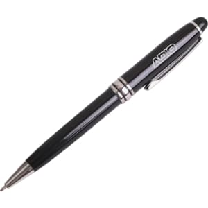 A black deluxe metal pen featuring silver accents and a clip, with a logo on the barrel.