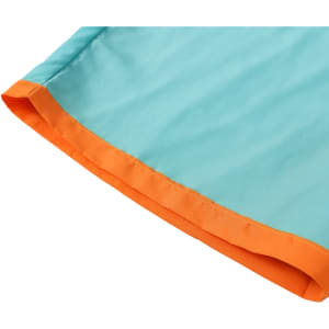Men's beach shorts in a light blue fabric with an orange trim, featuring a branded logo.