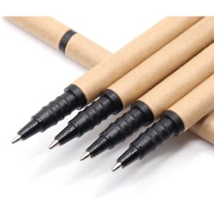 Four stylus pens with black tips and brown paper bodies, arranged in a row. The pens feature a logo on the body.