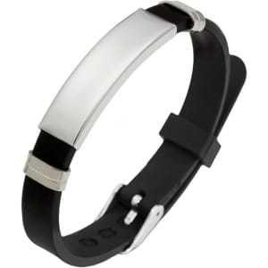 A sleek metal and black silicone bracelet featuring a polished silver plate and metallic accents.