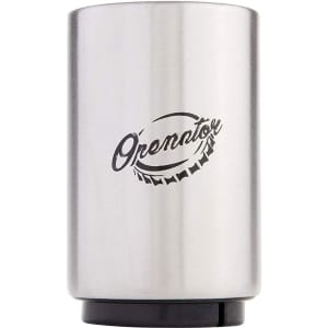 A drink bottle opener in silver stainless steel, featuring a logo on its surface. Ideal for keys or tools.