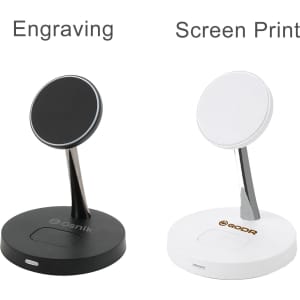 A black and a white MagSafe 2-in-1 wireless charger on a flat surface, each with a circular charging pad.