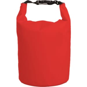 A red waterproof dry bag with a black strap and buckle closure. It features a simple design and has a logo.