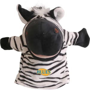 A zebra hand puppet featuring black and white stripes with a logo on its front.