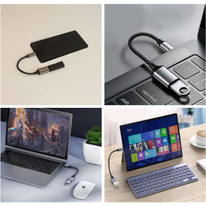 A USB 3.0 to USB C OTG adapter in silver, connecting various devices like a phone, laptop, and tablet.