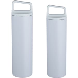 A drink bottle in light grey with a handle, featuring a sleek stainless steel design. Includes a logo.