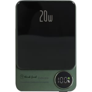 A green 10000mAh magnetic wireless power bank with a digital display showing charge percentage and power output.