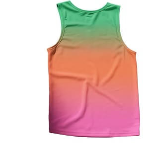 A V-neck singlet featuring a gradient design transitioning from green to orange and pink, made of 100% polyester micro mesh.